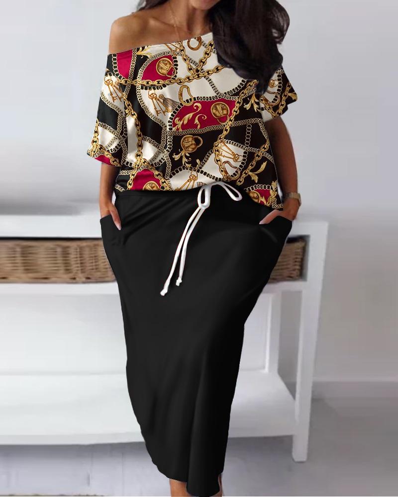 

Plus Size Scarf Chain Print Casual Top & Skirt Set, Black