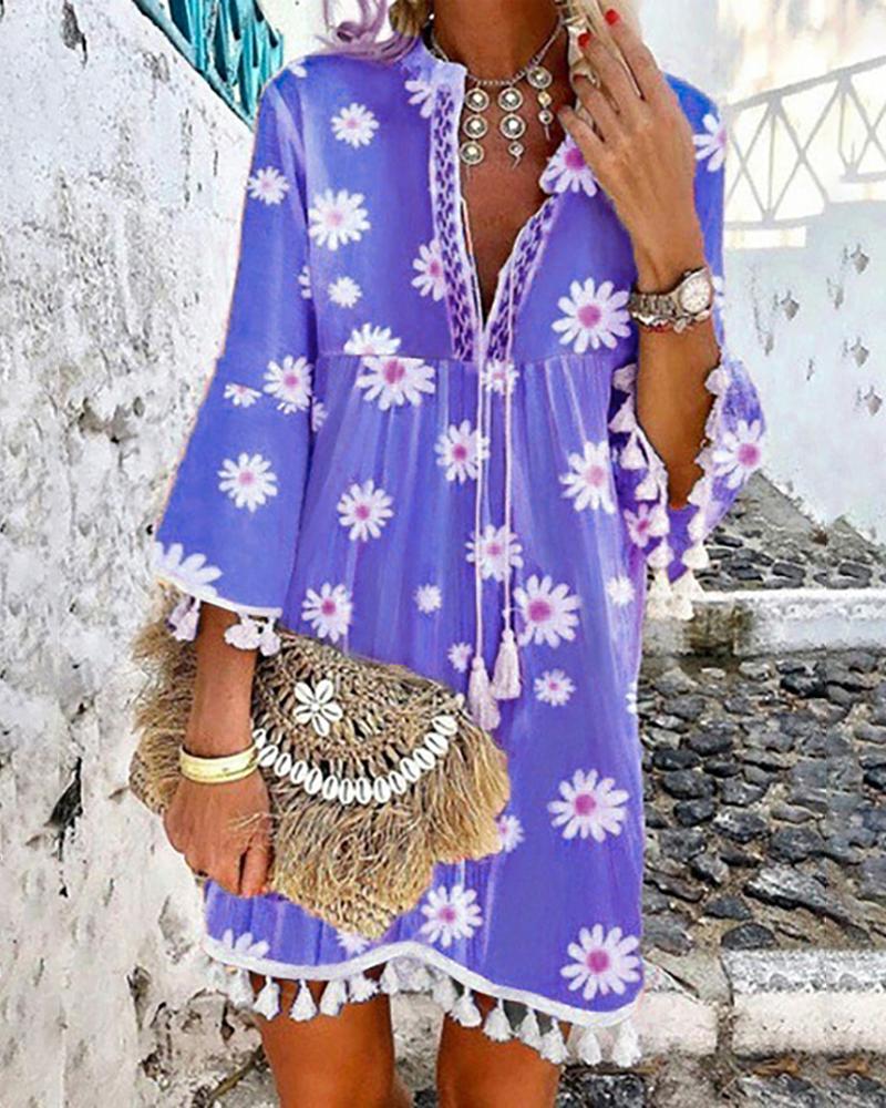 

Daisy Print Tassel Design Casual Dress, Purple