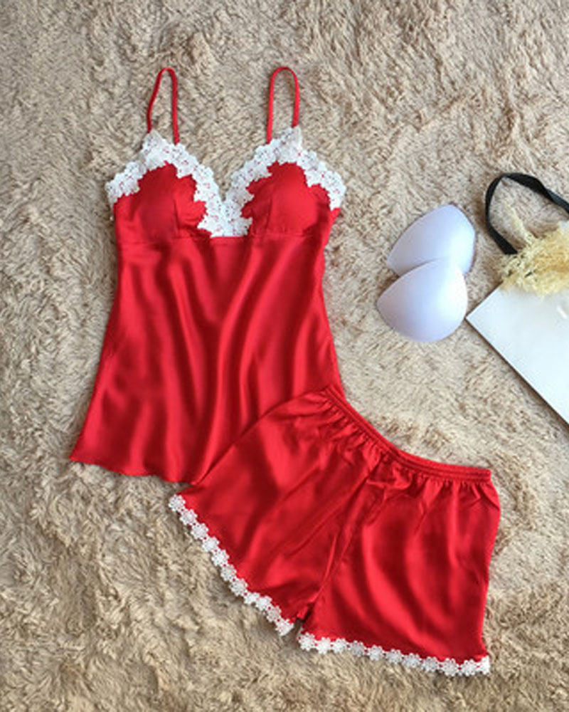 

Colorblock Contrast Lace Cami Set, Red