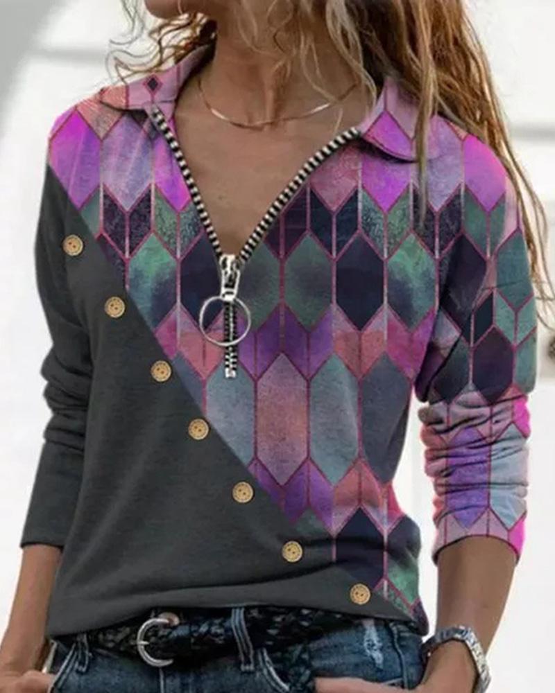 

Abstract Print Zipper Design Blouse, Purple
