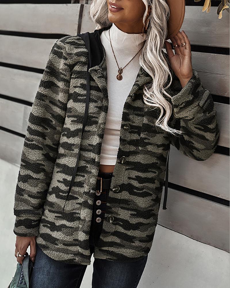 

Cheetah / Plaid / Camouflage Print Button Design Teddy Coat, Green