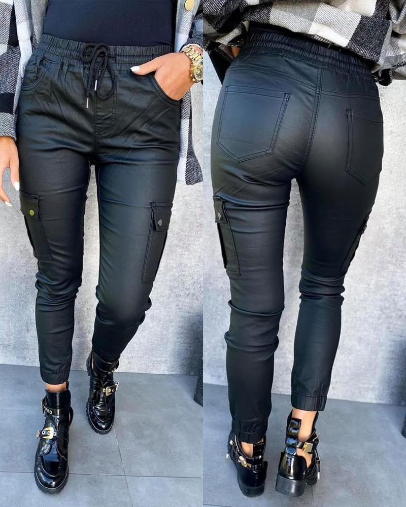 

Drawstring Waist Pocket Detail PU Leather Skinny Pants, Black
