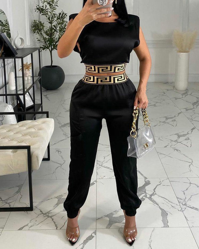 

Geo Trim Crop Tank Top & Pants Set, Black