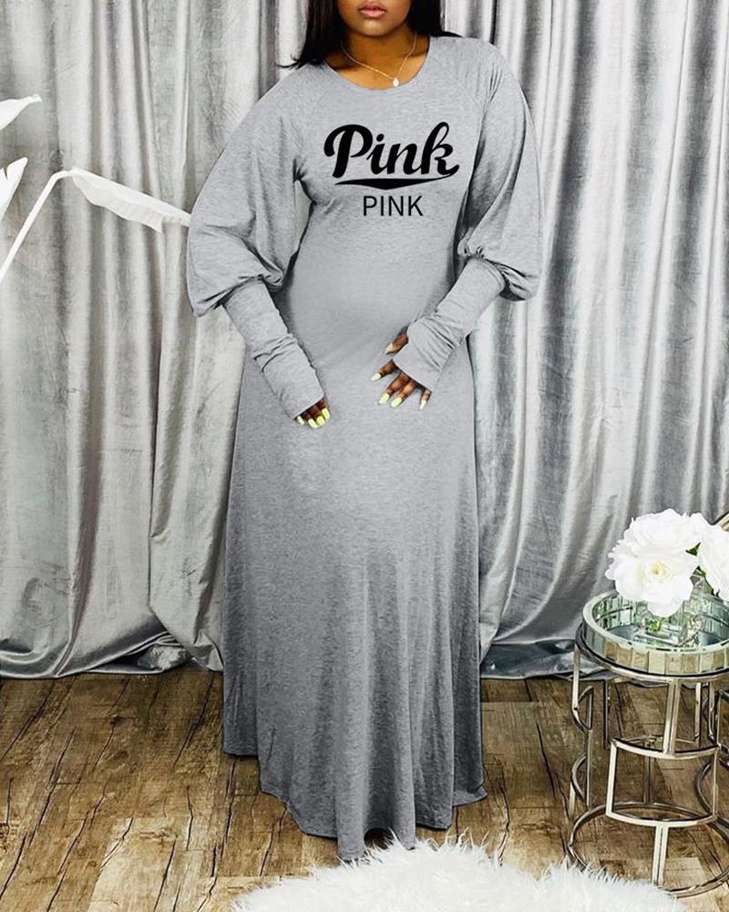 

Gigot Sleeve Letter Print Maxi Dress, Gray