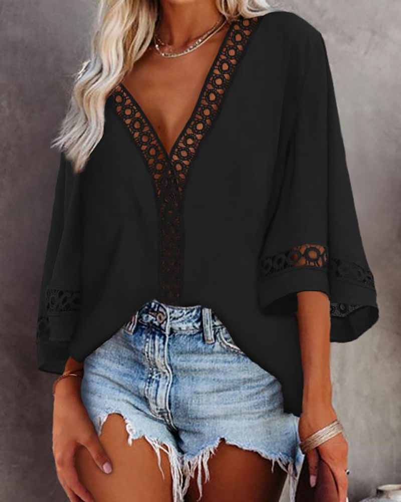 

Lace Patch V Neck Casual Top, Black