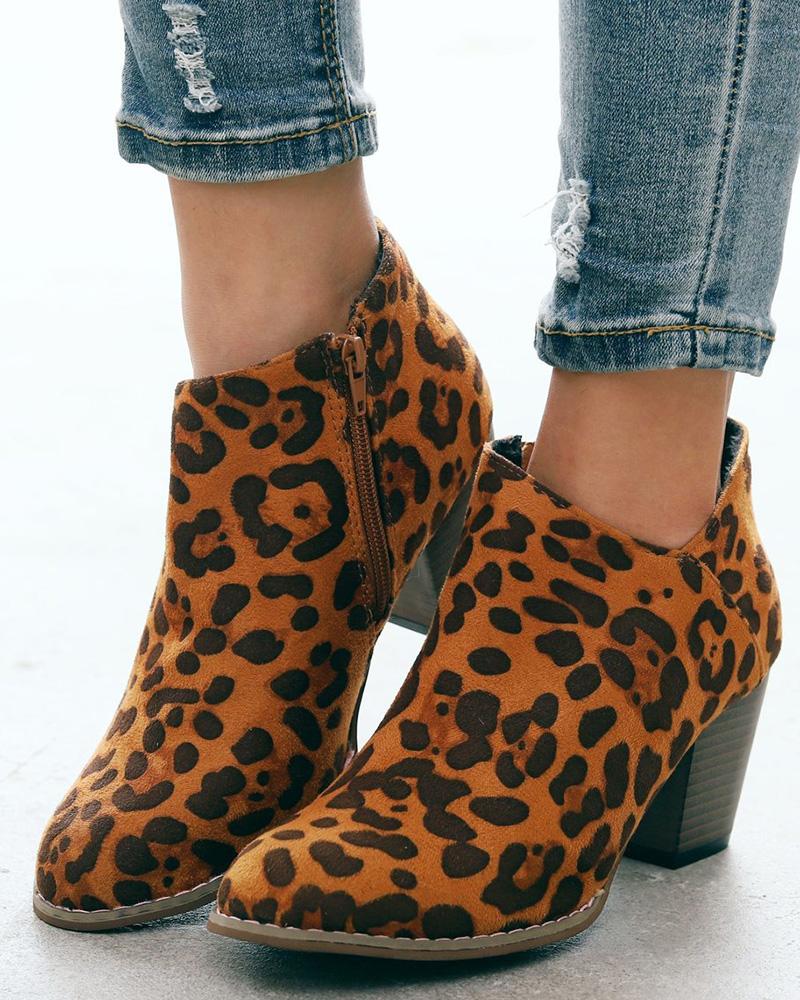 

Side Zipper Chunky Heel Ankle Boots, Leopard