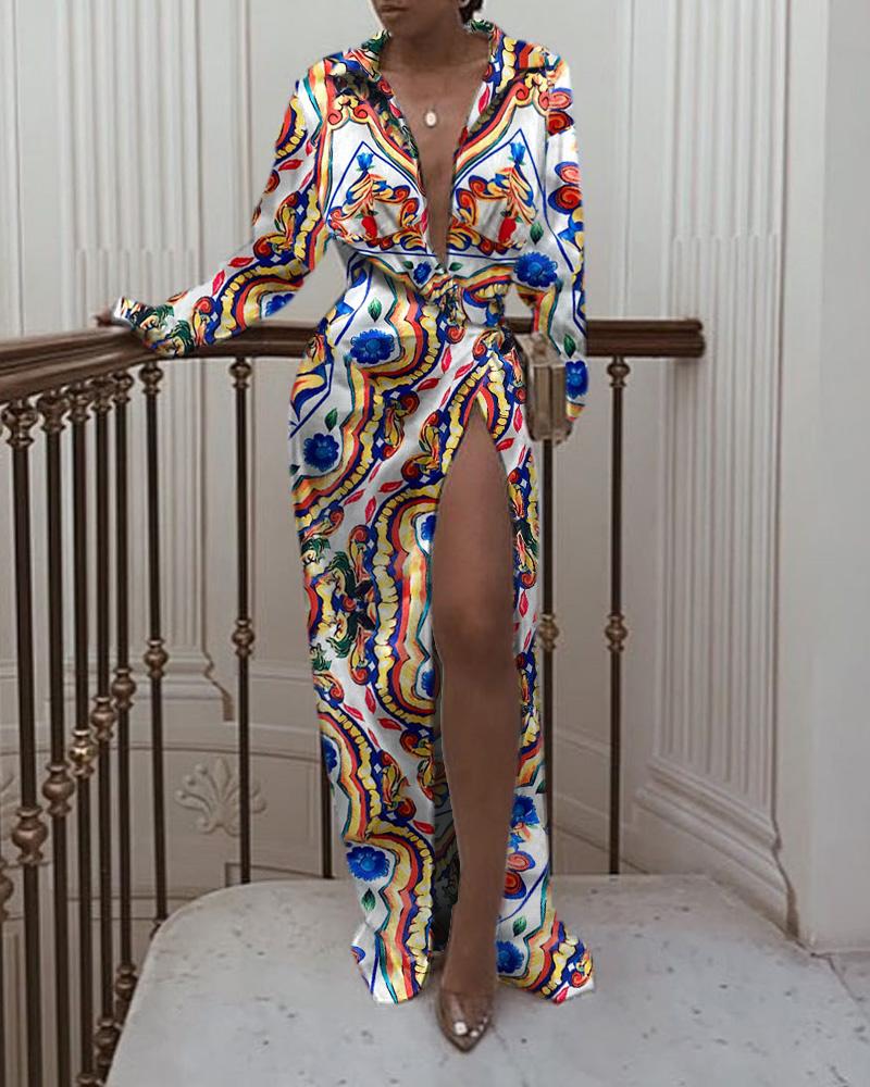 

Colorblock High Slit Twisted Shirt Dress, Multicolor
