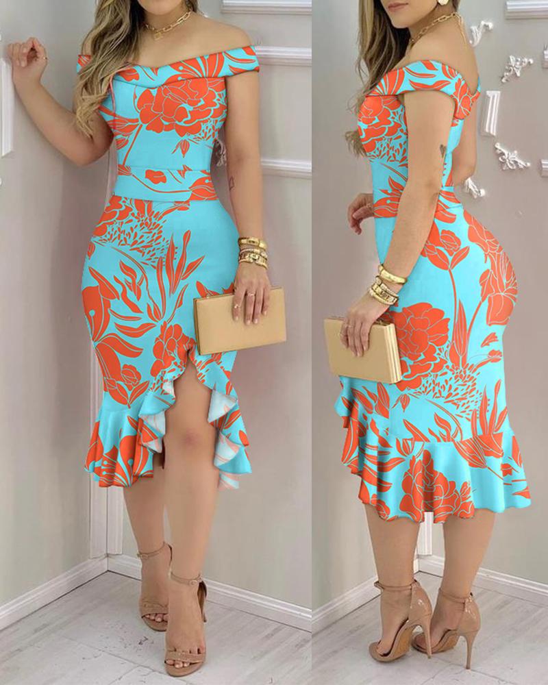 

Plants Print Off Shoulder Ruffle Hem Midi Dress, Blue