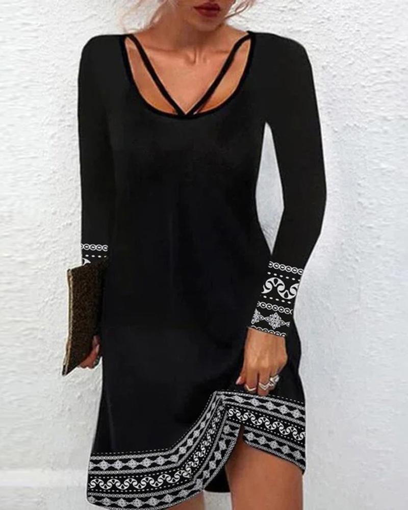 

Tribal Print Long Sleeve Casual Dress, Black