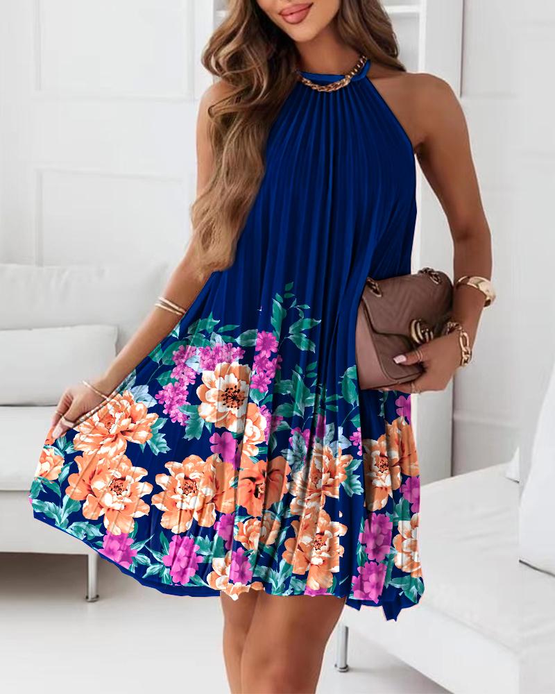 

Floral Print Sleeveless Halter Pleated Dress, Purplish blue