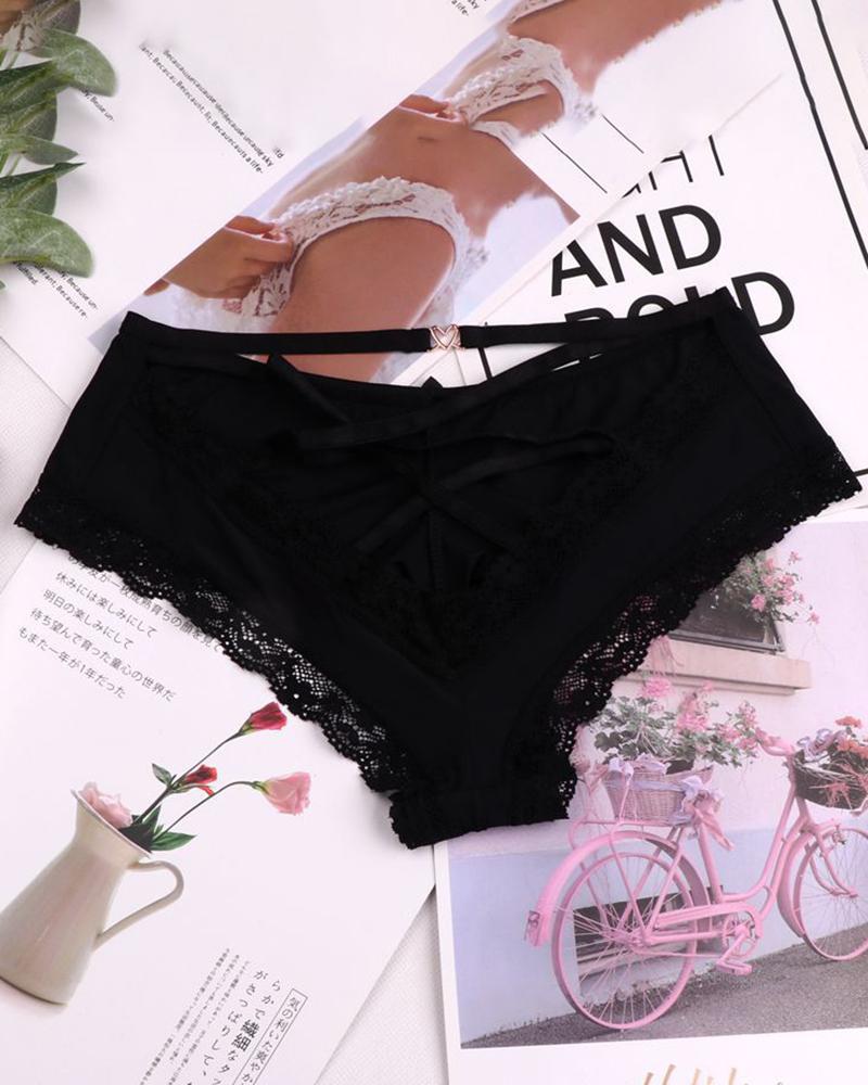 

Crochet Lace Trim Low Waist Lace-up Skinny Panty, Black