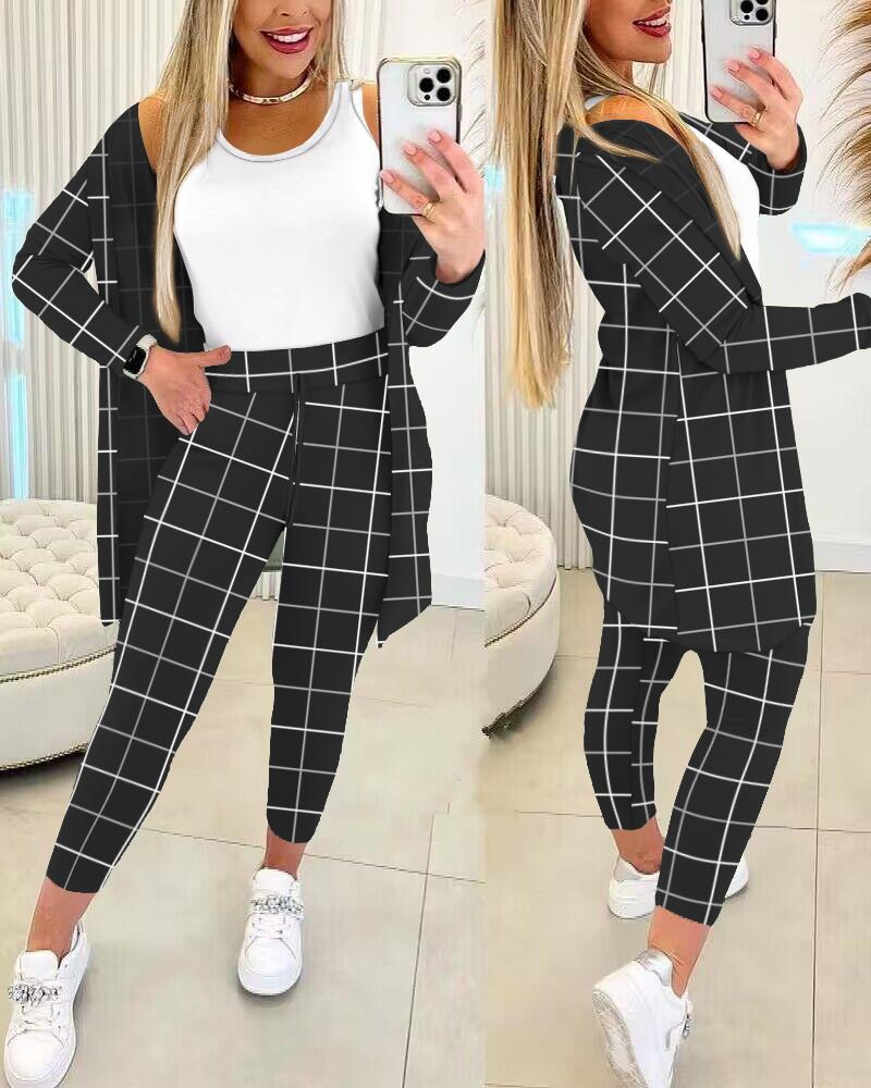 

Tank Top & Plaid Print Drawstring Pants Set With Coat, Black