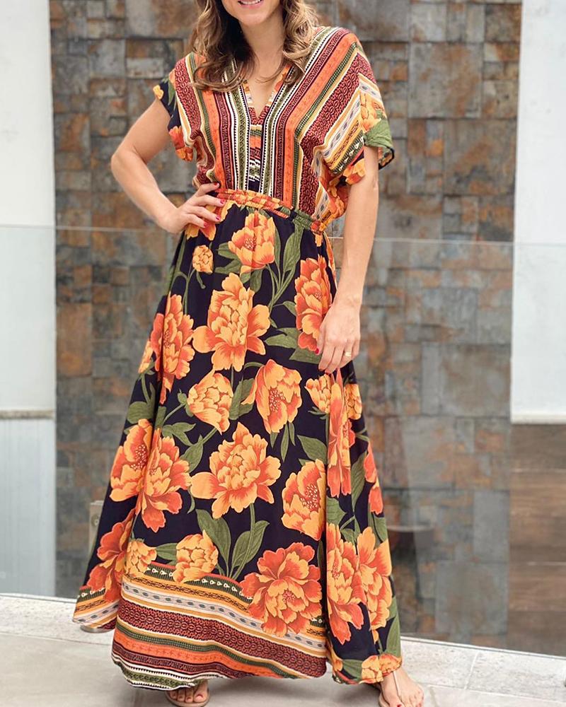 

Floral Tribal Print Batwing Sleeve Maxi Swing Dress, Multicolor