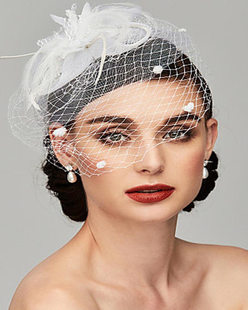 

Feather Fascinator Hat Flower Mesh Veil Hair Clip Hairpin Hats Bridal Wedding Cocktail Tea Party Headwear, White