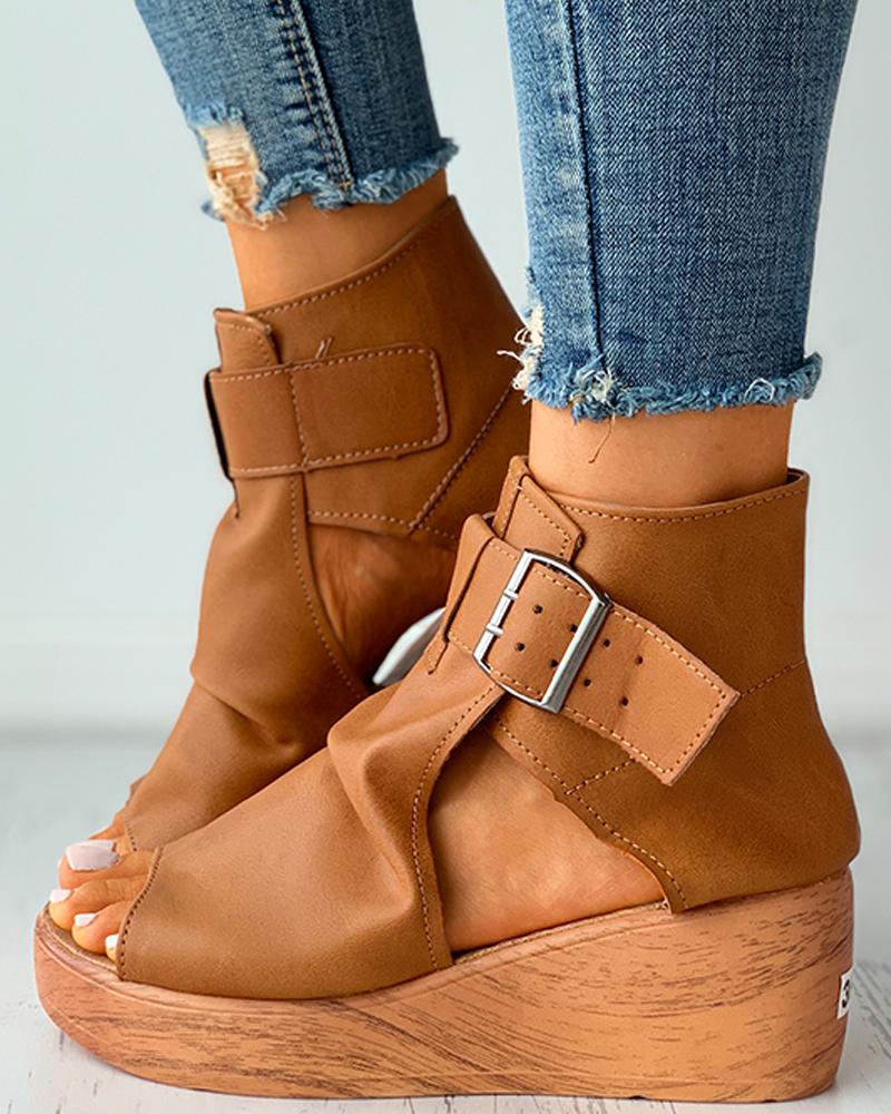 

Eyelet Buckled Cutout Wedge Sandals, Brown