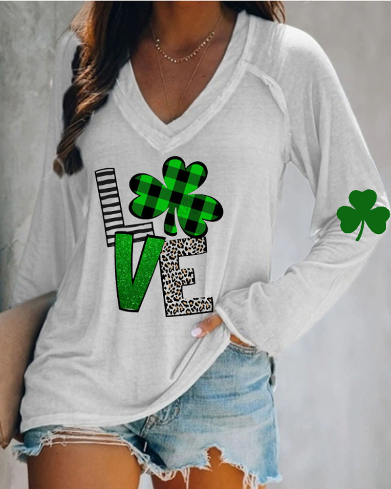 

St. Patrick's Day Clover Letter Print Long Sleeve Top, White