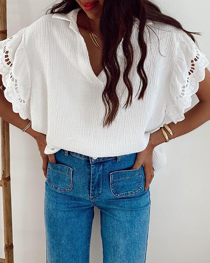 

Lace Trim V Neck Short Sleeve Casual Shirt, White