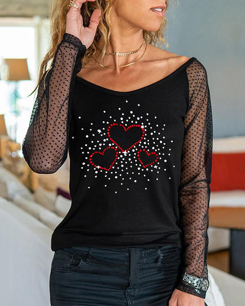 

Valentine' Day Heart Pattern Dot Mesh Rhinestone Top, Style1