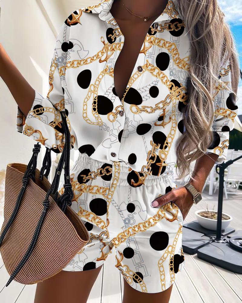

Chain Print Button Front Casual Shirt & Shorts Set, White
