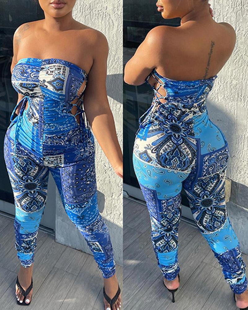 

Paisley Print Bandeau Lace-up Jumpsuit, Blue