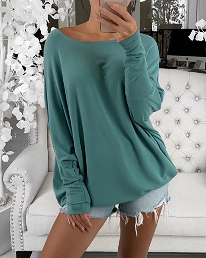

Round Neck Long Sleeve Casual Top, Green
