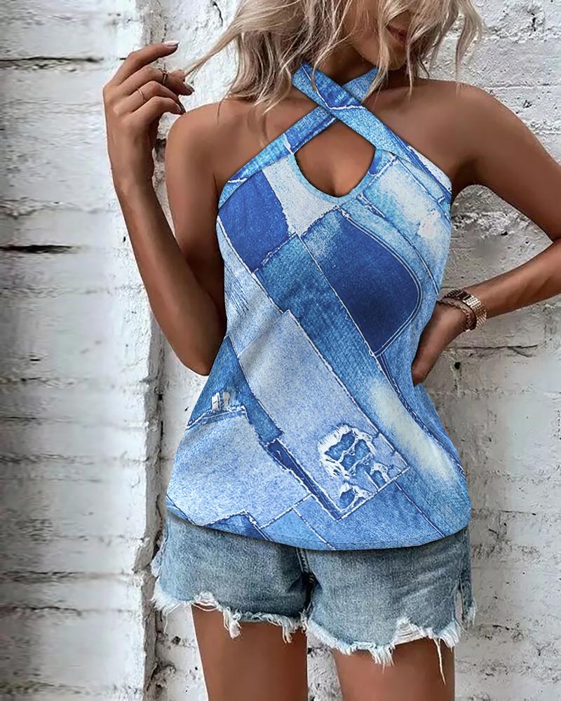 

Denim Look Print Cross Halter Tank Top, Blue