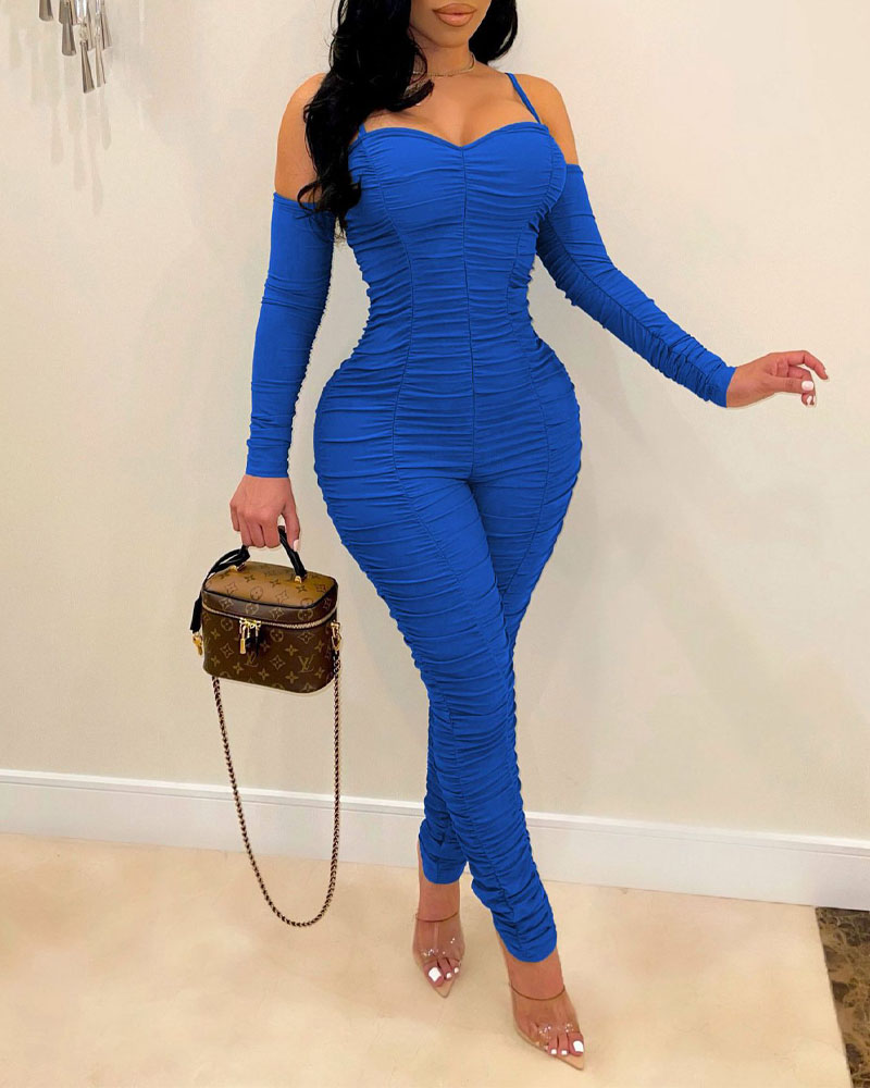 

Cold Shoulder Ruched Skinny Jumpsuit, Blue