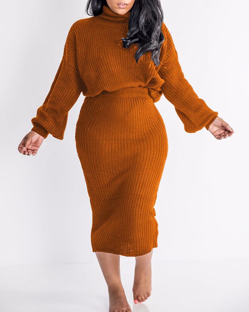 

Lantern Sleeve High Neck Sweater & Skirt Set, Orange