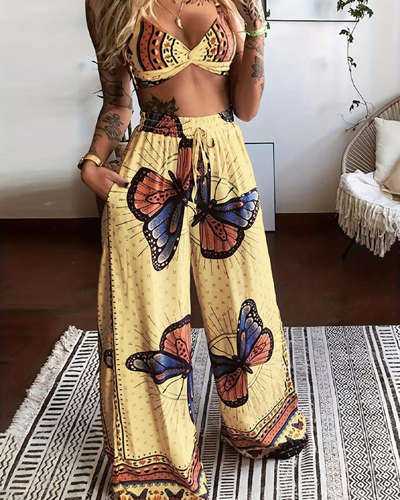 

Butterfly Geometric Print Twisted Crop Top & Pocket Design Pants Set, Yellow