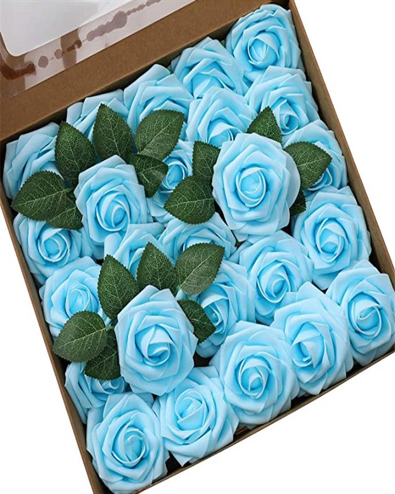 

Artificial Flowers 25pcs Real Looking Blush Foam Fake Roses with Stems for DIY Wedding Bouquets Bridal Shower Centerpieces Party Decorations, Blue