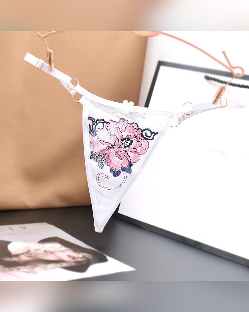 

Sexy See-through Splicing Floral Embroidery Thong Panties, White