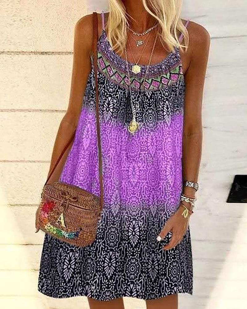 

Graphic Print Colorblock Spaghetti Strap Dress, Purple
