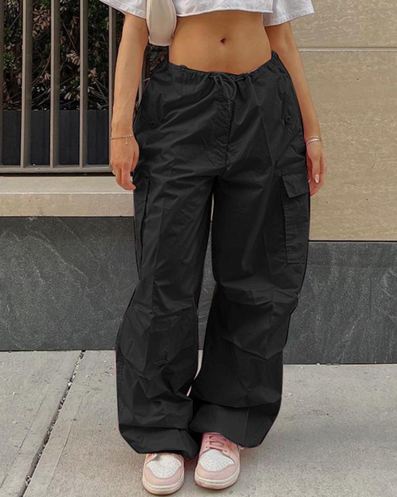 

Pocket Detail Drawstring Low Waist Cargo Pants, Black