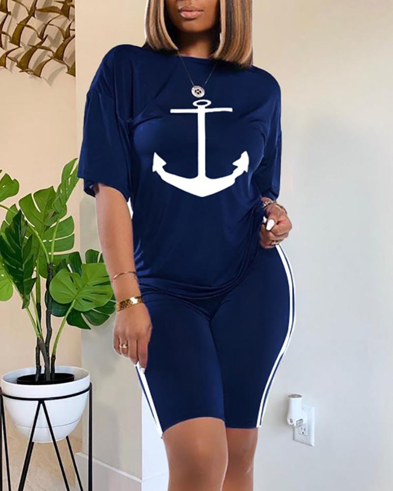 

Boat Anchor Print Round Neck Top & Shorts Set, Dark blue