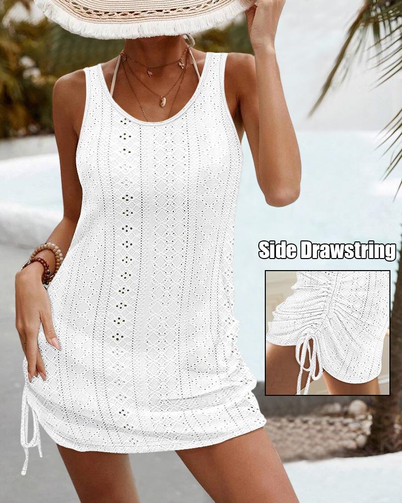 

Vestido minivestido de vacaciones con espalda descubierta, detalle anudado y tirantes gruesos calados, White