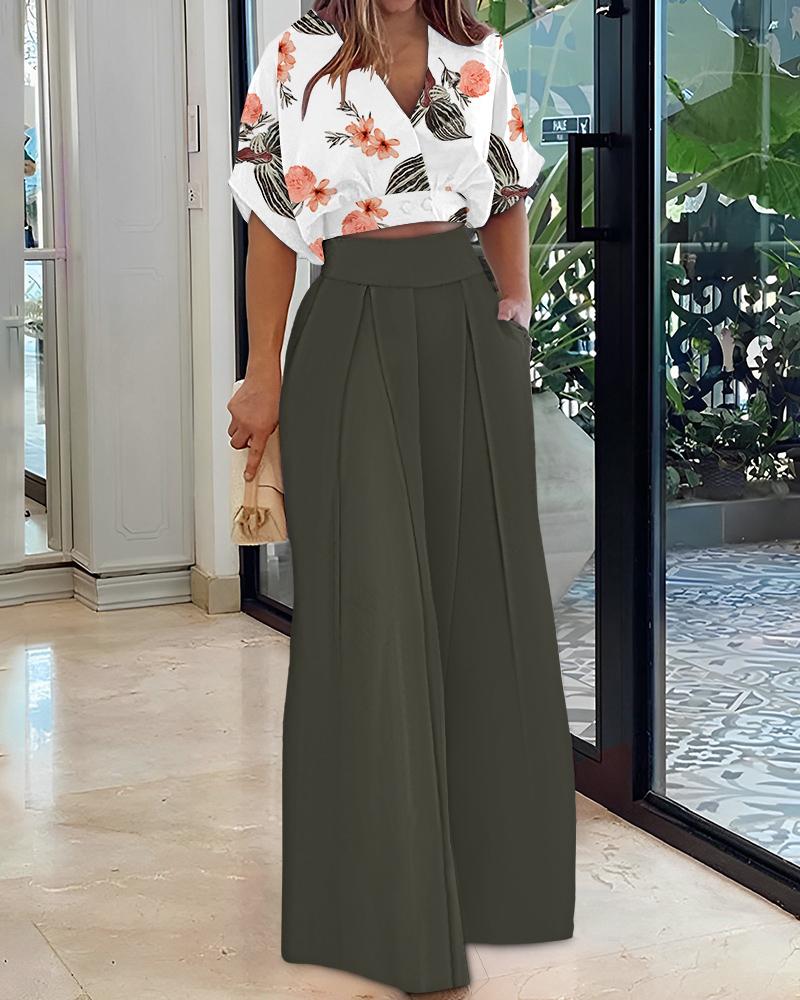 

Tropical Print Batwing Sleeve Top & Wide Leg Pants Set, Army green