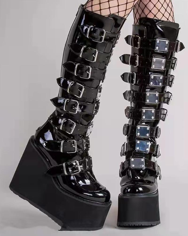 

PU Leather Buckled Platform Boots, Black