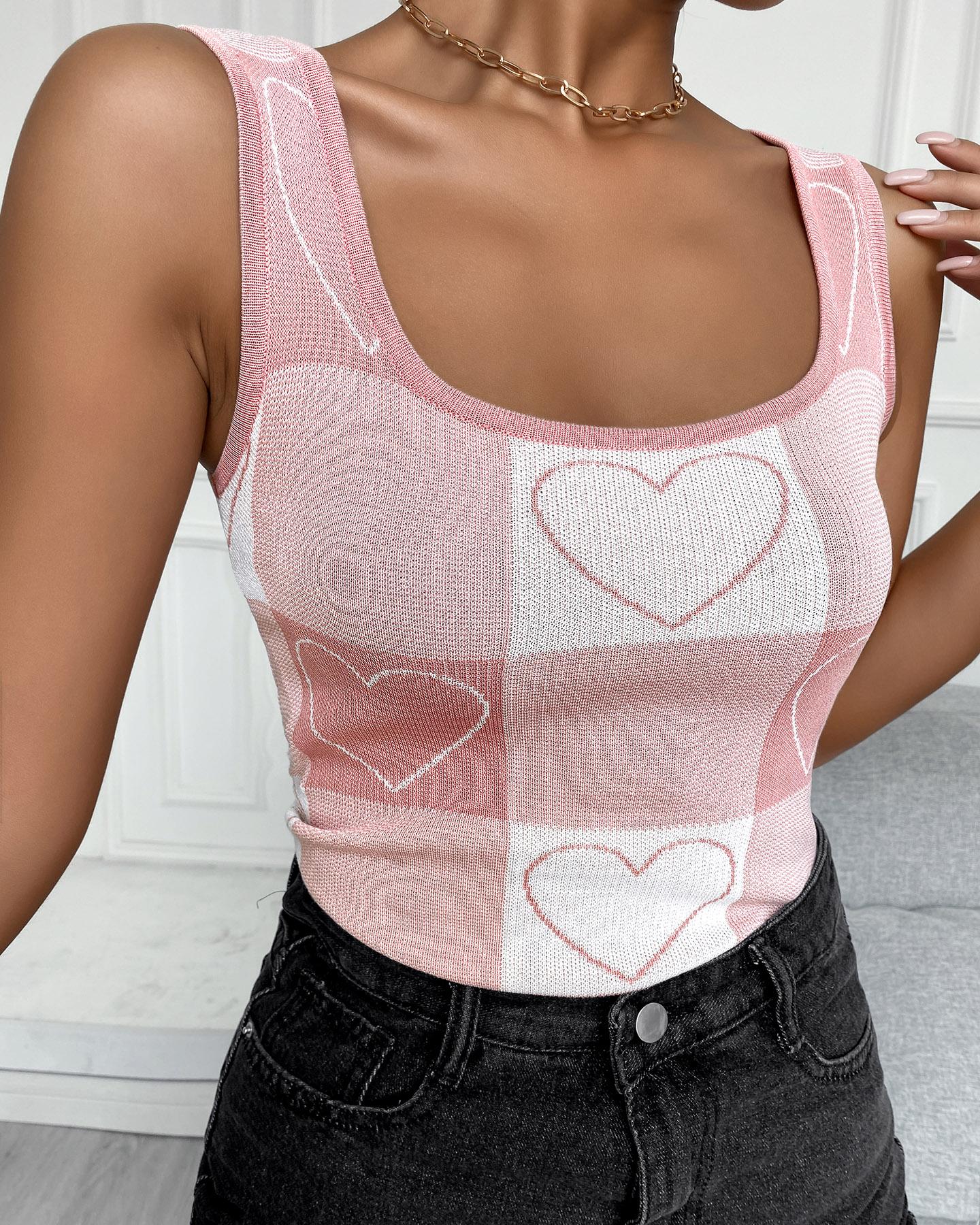 

Heart Plaid Print Colorblock Knit Tank Top, Pink