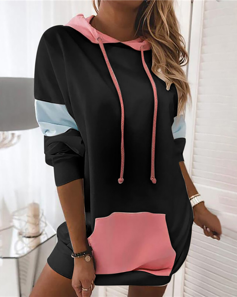 

Long Sleeve Pocket Design Colorblock Hooded Sweatshirt, Black