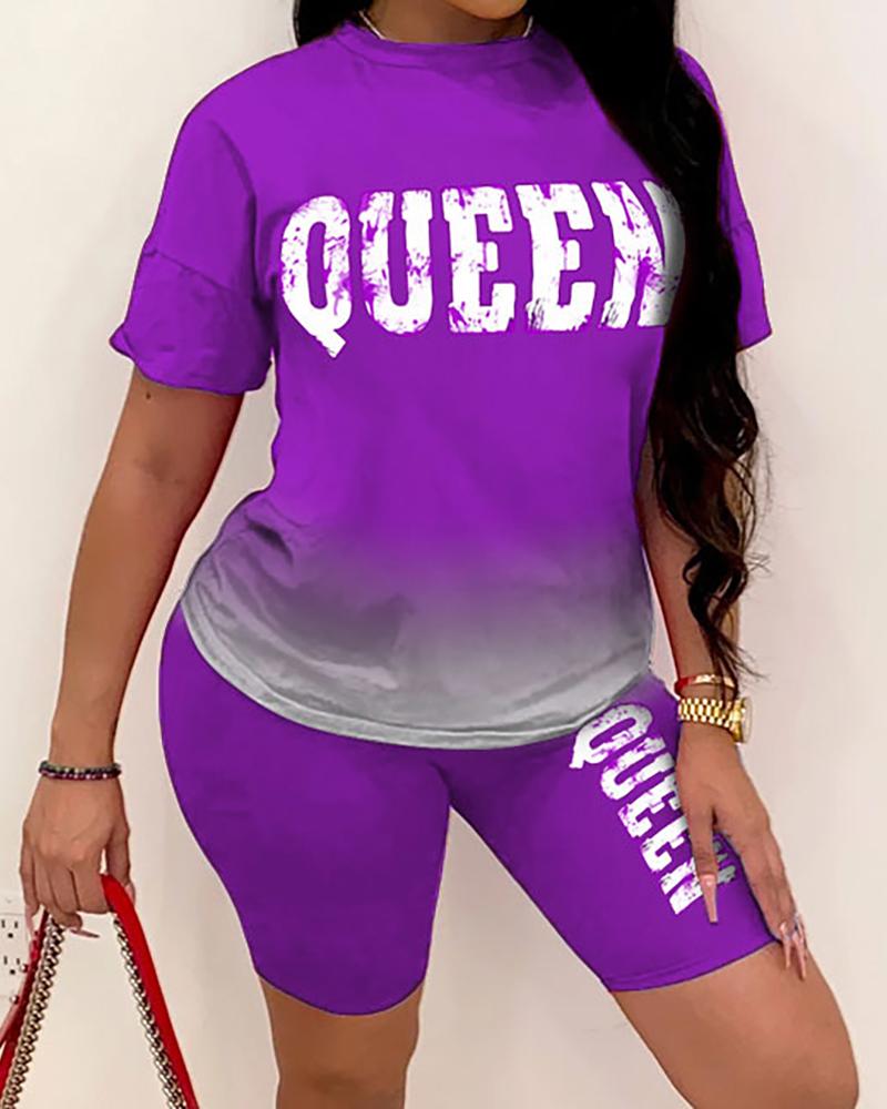 

Ombre Colorblock Letter Print Top & Shorts Set, Purple