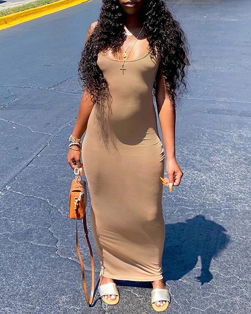 

Plain Thick Strap U-Neck Maxi Dress, Khaki