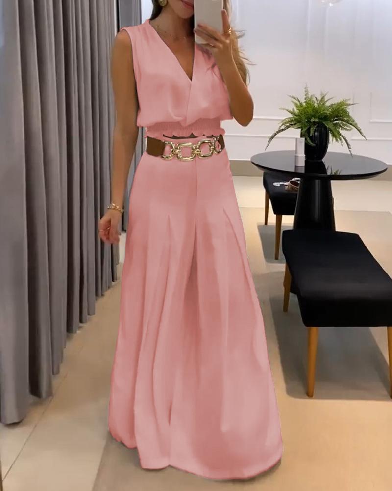 

V-Neck Shirred Tank Top & Flared Pants Set, Pink