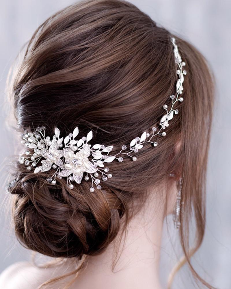 

Beaded Floral Pattern Headband Princess Bridal Wedding Headpiece Hair Accessories, Silver