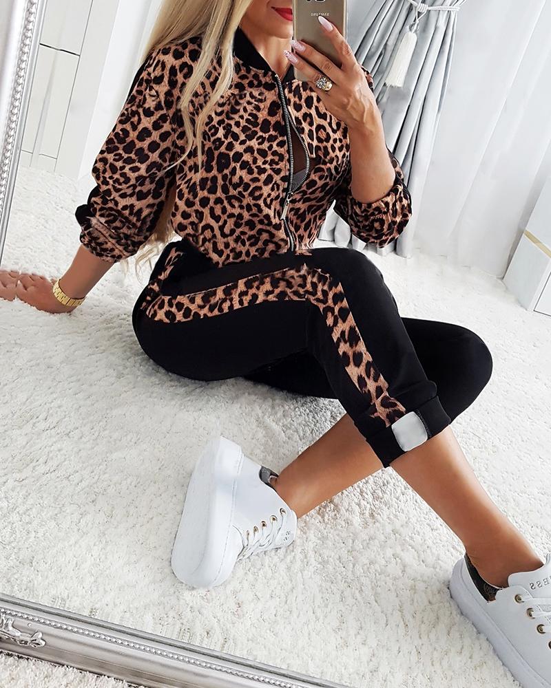 

Cheetah Print Zipper Design Coat & Pants Set, Leopard