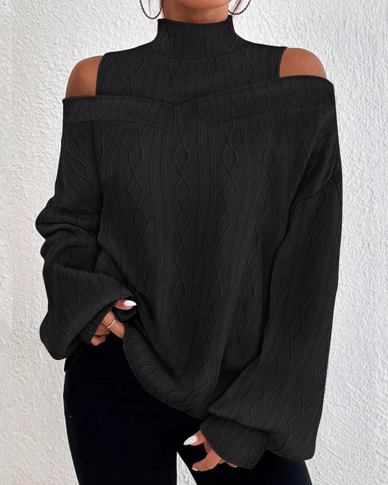 

Lantern Sleeve Cold Shoulder Cable Textured Top, Black