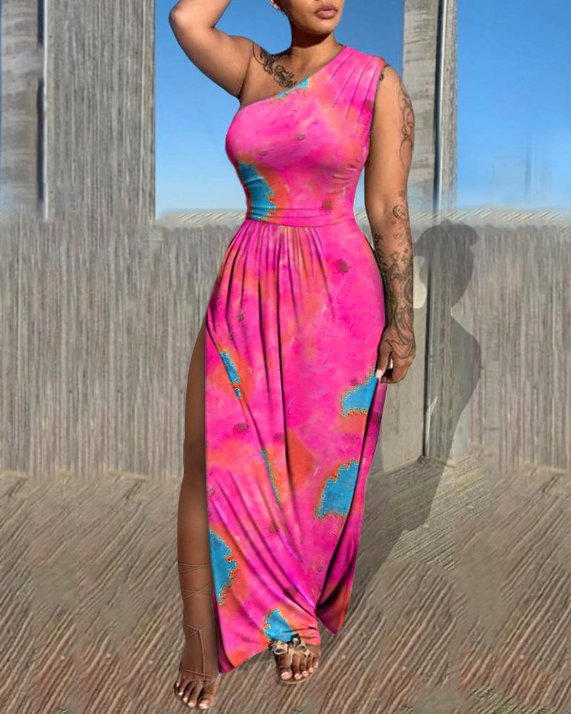 

One Shoulder Tie Dye Print Maxi Dress, Hot pink