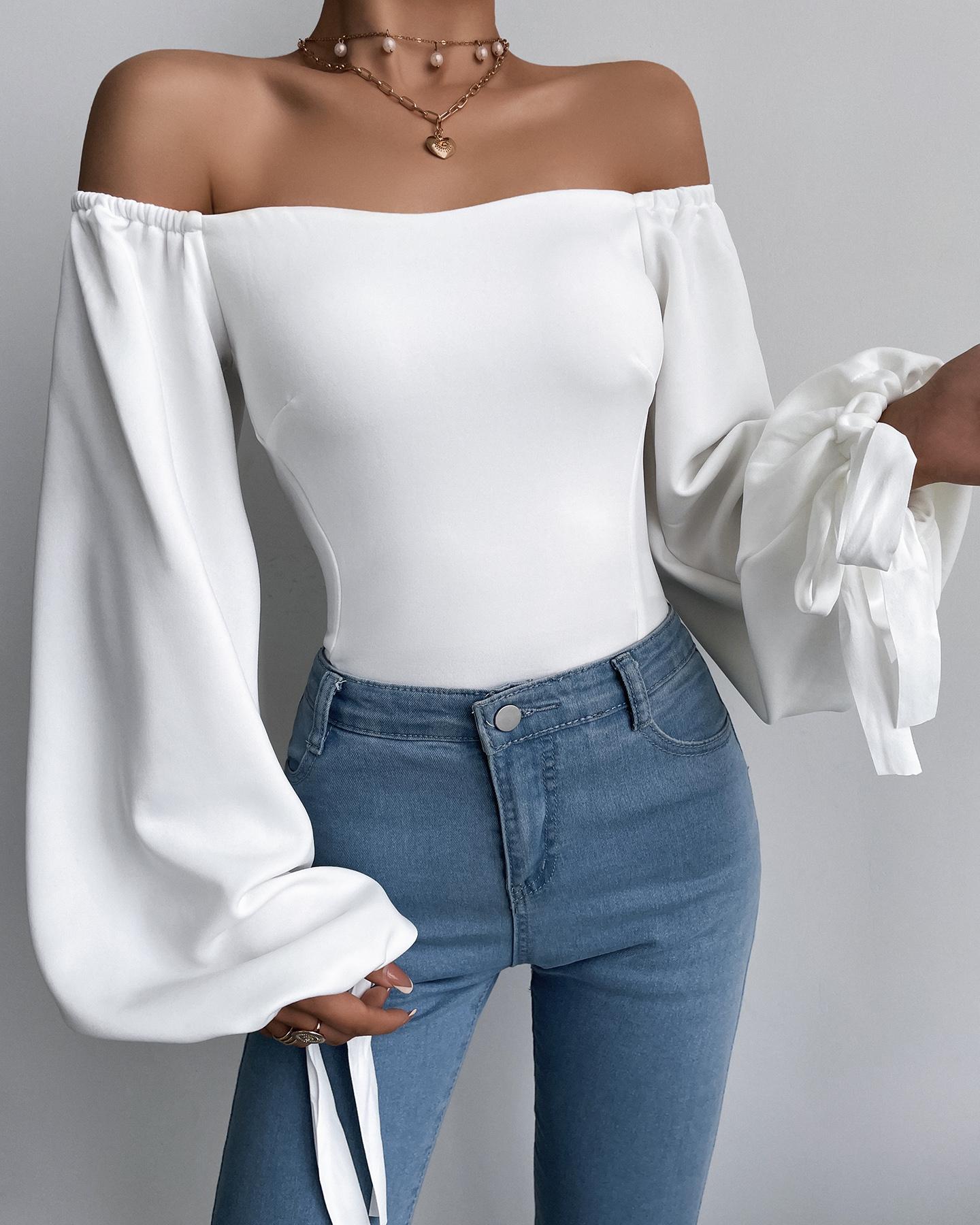 

Off Shoulder Tie Detail Lantern Sleeve Top, White