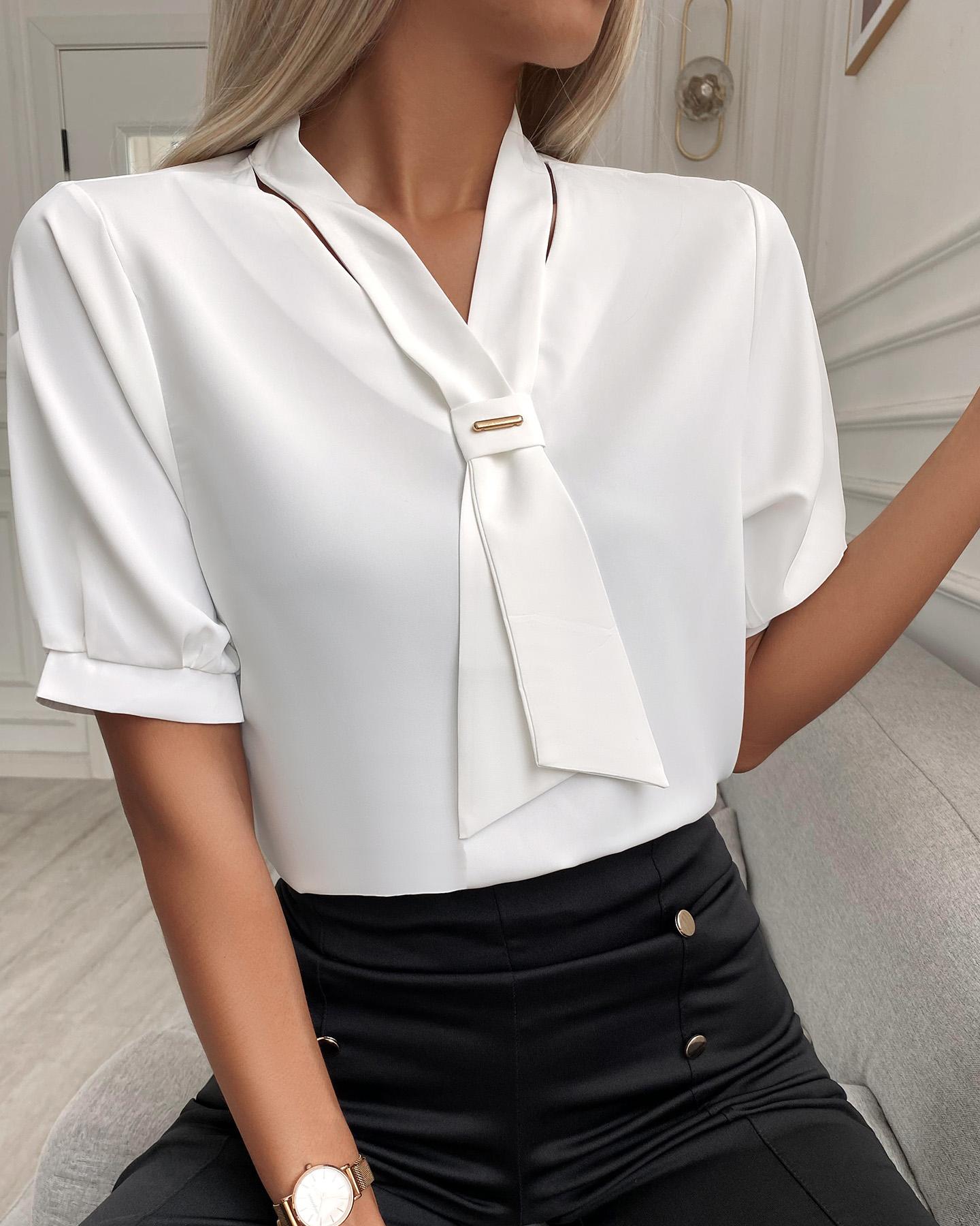 

Short Sleeve Tie Neck Casual Top, White