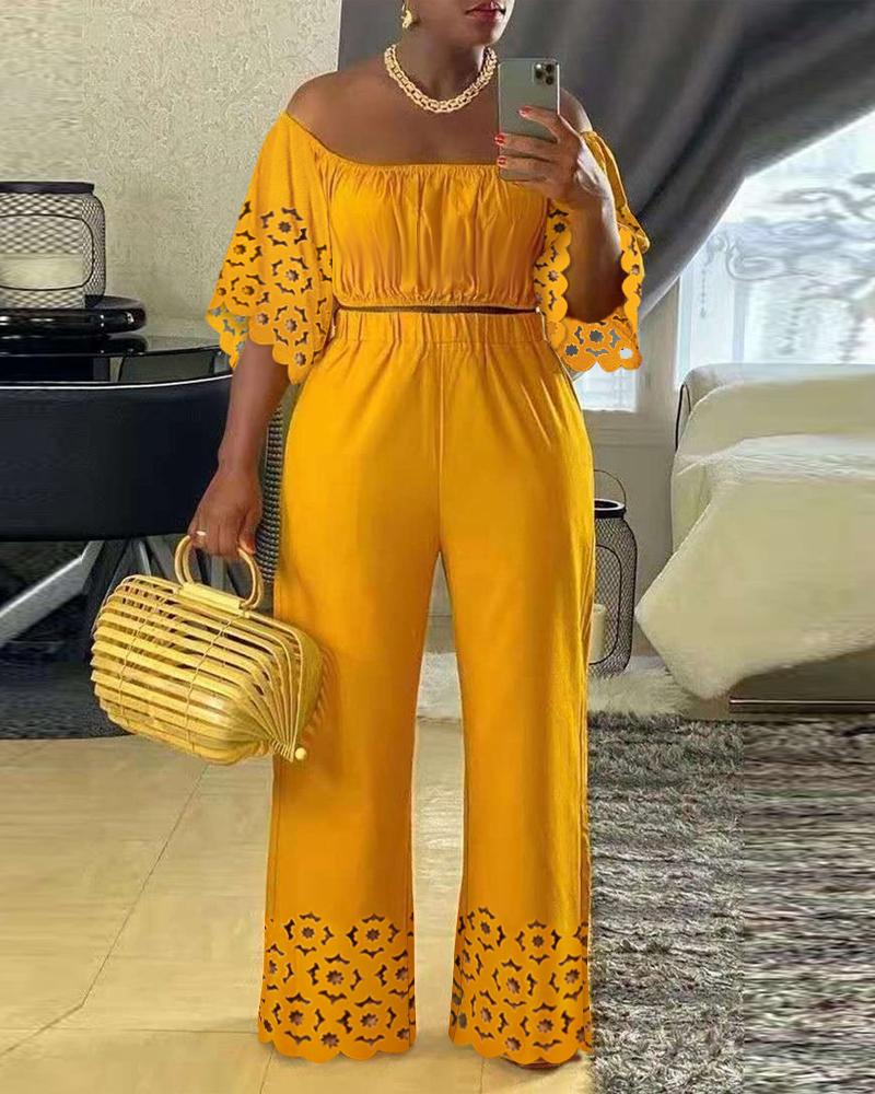 

Off Shoulder Hollow Out Crop Top & Wide Leg Pants Set, Yellow