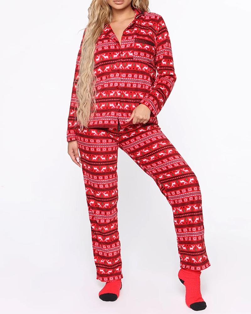 

Christmas Button Design Long Sleeve Pajamas Set, Red